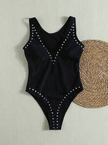 Baju Renang Wanita Seksi Model One-Piece Berhiaskan Berlian Imitasi untuk Musim Semi/Panas 2026, Potongan Bikini, Cocok untuk Berenang di Pantai dan Liburan Musim Panas. - Hitam - View 2