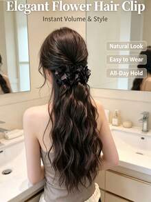 1pc Large Wavy Ponytail Pear Blossom Claw Clip, Realistic Natural Invisible Black Hair Extension, Fashionable Banana Clip With Floral Design, Premium Style For Women - Multicolor - View 4