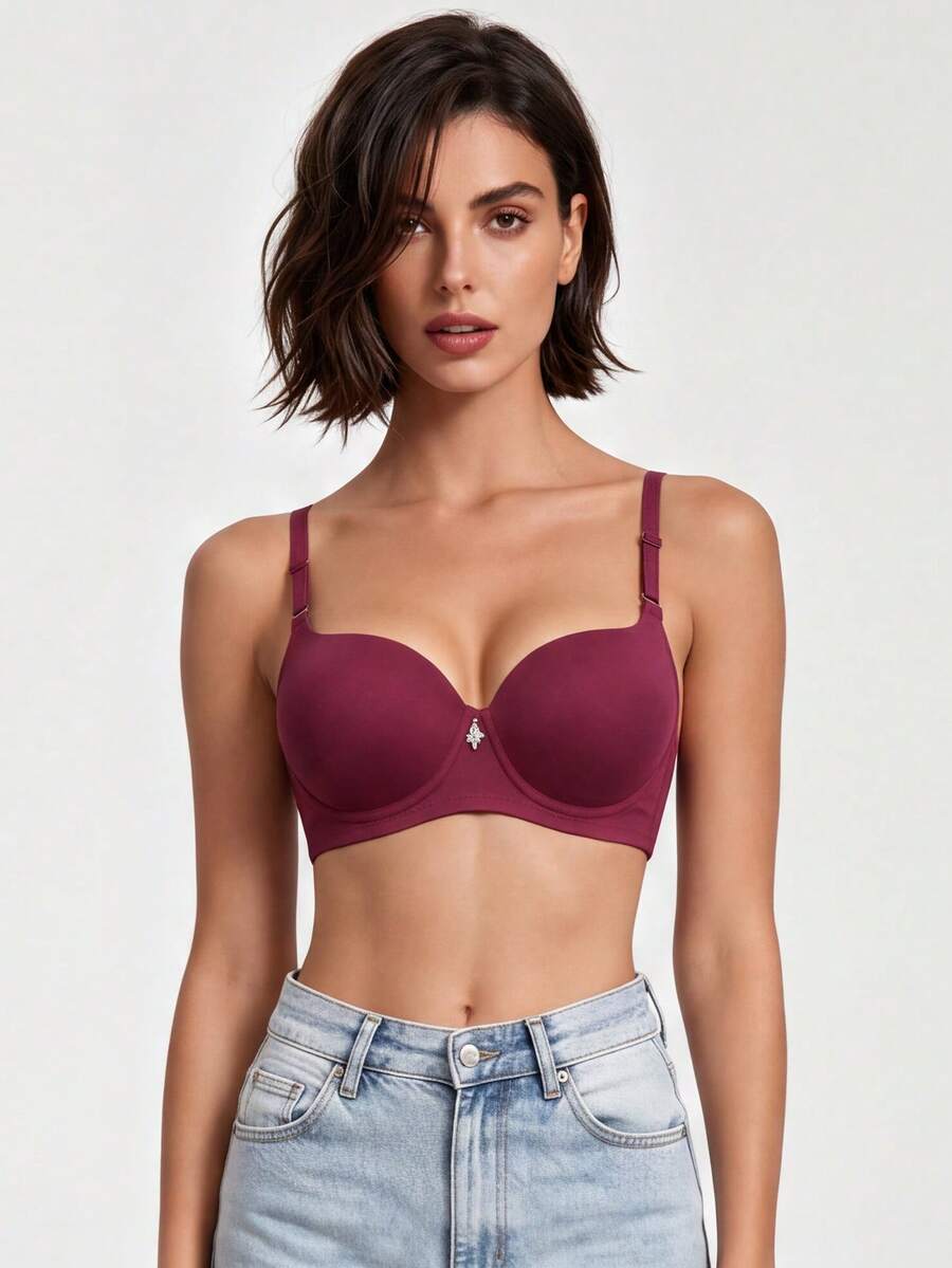 1pc Women's Comfortable Casual Wireless Soft Cup Solid Color Bra - Burgundy - View 1