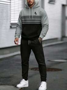 Conjunto de sudadera con capucha y pantalones de vestir casuales con cordón para hombre - Gris - Ver 1
