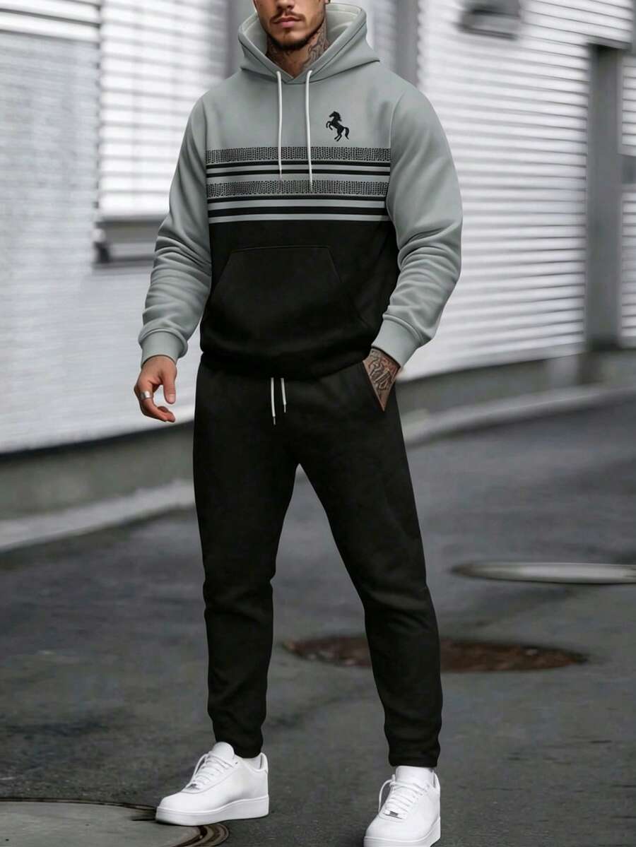 Conjunto de sudadera con capucha y pantalones de vestir casuales con cordón para hombre - Gris - Ver 1