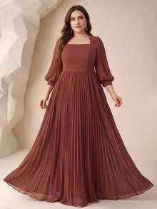 Square Neck Pleated Lantern Sleeve Dress With Ruffle Hem, Elegant Chiffon Bridesmaid Gown - Redwood - View 3