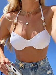 1 Stück einfarbiger süßer Stoff Rüschen Rückenfreier Bikini-Top, Urlaub am Strand, Frühling/Sommer, Perlen Unterbügel Weiß - Weiss - Übersicht 1