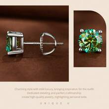 1pair Minimalist 925 Sterling Silver Stud Earrings 1CT Round Green Moissanite Four Prong Screw Back Earrings For Women Daily Stackable Jewelry Gift - Silver - View 10