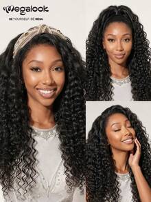 MEGALOOK 3 In 1 Half Wig Deep Curly 100% Human Hair Wig Invisible Hairline Wear Go Upgrade Headband Wig Updo Down Style Hairpiece Beginner Friendly Natural Color - SNatural - View 4