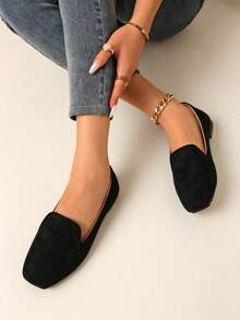 Women's Suede Loafers, Black Square-Toe Slip-On Low Heel Comfort Flats For Office, Work, Daily Wear & Dating - 黑色 - 查看 5