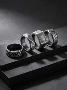 4-Piece Set Of Vintage Antique Silver Chain Stainless Steel Men's Rings, Men's Jewelry Accessory Set, Suitable For Everyday Wear, Special Rings - Four-piece Set - View 1