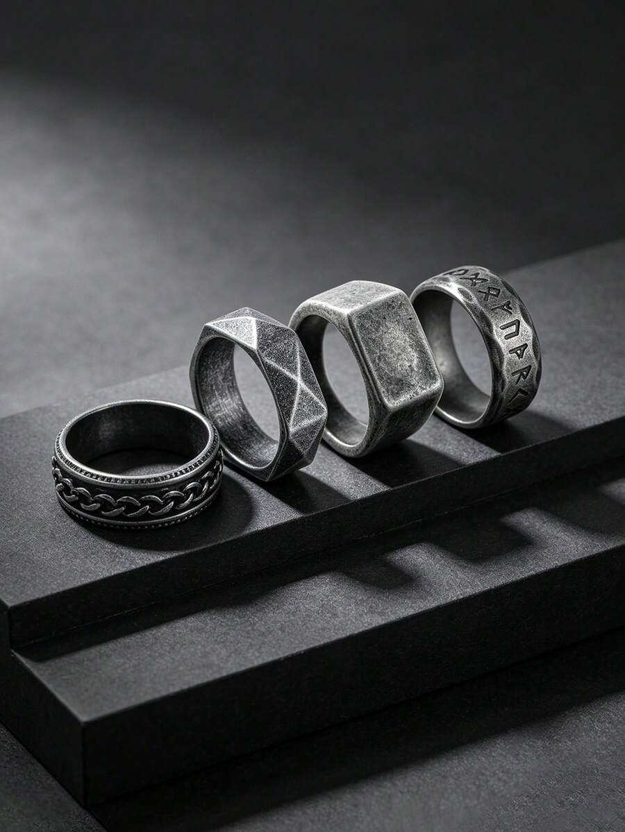 4-Piece Set Of Vintage Antique Silver Chain Stainless Steel Men's Rings, Men's Jewelry Accessory Set, Suitable For Everyday Wear, Special Rings - Four-piece Set - View 1