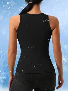 1pc Autumn/Winter Thermal Lined Thick Vest, 2-In-1 Built-In Cup Pad Brushed Ribbed Fitted Camisole - Black - View 3