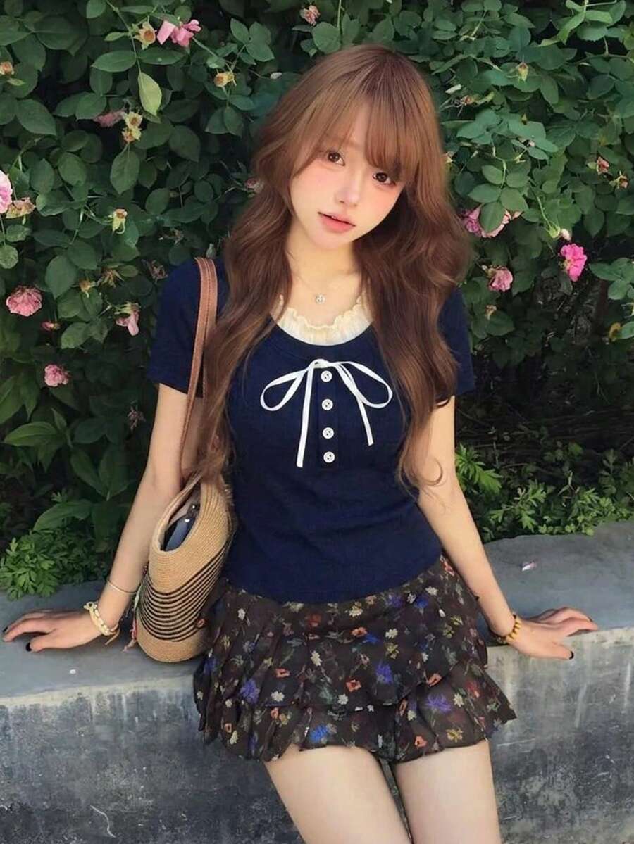 新品修身對比色 2 合 1 甜美短袖 T-shirt 上衣 休閒夏季款 - 藏蓝色 - 查看 1
