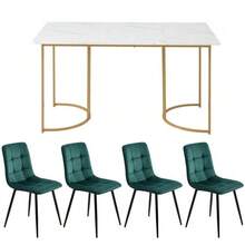 Dining Set (5-Piece), Dining Table With 4 Chairs, Modern Kitchen Table Set, 140*80cm Kitchen Table With Gold Metal Legs, White MDF Tabletop, Dark Green Velvet Dining Chairs - White - View 7