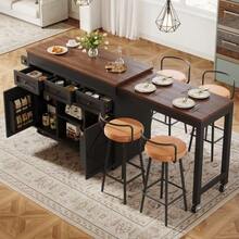 Kitchen Island With Storage, Extendable Dining Table/Bar Table (131.5-210 Cm), 360° Rotatable, With Drawers And Cabinets, Versatile Worktop For Kitchen, Dining Room And Small Spaces, Black - 黑色 - 查看 2