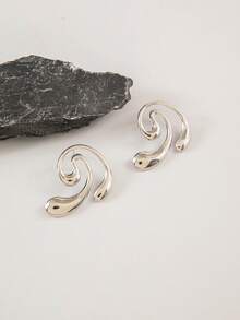 1 par/Pendientes de botón de metal minimalista de moda con diseño de espiral fluida 3D de gran tamaño, adecuados para accesorios de atuendo personalizado de estilo callejero para mujeres - 28313-1-plata - Ver 4
