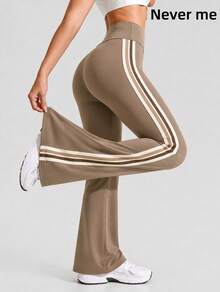 Never me Women's Wide Elastic Waist Tummy Control Design Fitted Flare Yoga Leggings With Contrast Color Side Straps For Daily Wear - Brown - View 1