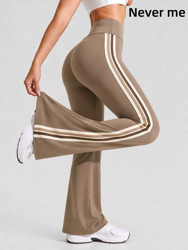 Never me Leggings évasés pour femmes avec taille élastique large et contrôle du ventre, bande de contraste latérale, pantalon de yoga rétro pour le sport, le port quotidien décontracté et l'entraînement