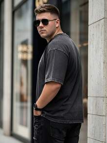 Plus Size Men's 2-Piece Set: Vintage Washed Black Bench Letter Print Plus Size T-Shirt - Black - View 7