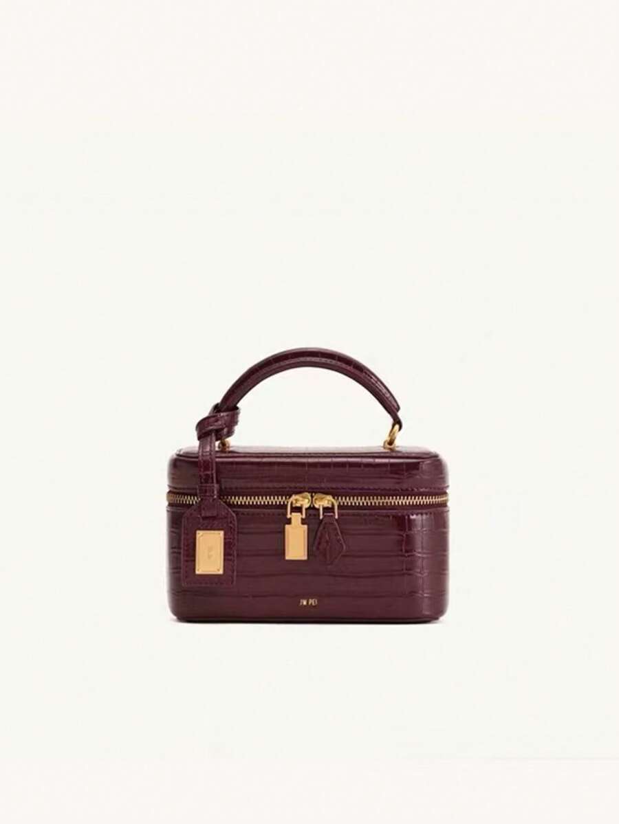 JW Box Bag 鱷魚壓紋女款時尚通勤方包 單肩斜跨兩用小方包 小眾設計手提包 - 酒紅色 - 查看 1