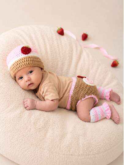 Newborn Photography Props Outfit, Cute Strawberry Knitted 3-Piece Set, Milestone Commemorative Gift, Photography Studio Props Accessories, Adorable And Fun Baby Clothes