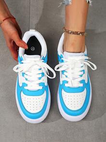 Women's Casual Sports Shoes, Versatile Color Breathable Low-Top Shoes, Skateboard Shoes, Birthday Gift, Holiday Gift, Comfortable Upper Lightweight Lace-Up Round Toe - White and Blue - View 9