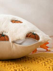 Homemorelove 1/2pcs PV Velvet Small Pumpkin Embroidered Pillow Case, Autumn Decor, Thanksgiving, Halloween Atmosphere Home Decoration Throw Pillow, Suitable For Living Room, Bedroom, Sofa, Pillow Insert Not Included - Off-white Rabbit Fur Dark Brown - View 3