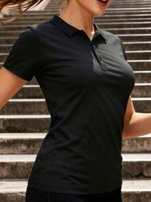 女款黑色夏季新款純色短袖 Polo T恤，極簡商務休閒基礎百搭日常休閒通勤辦公高爾夫網球運動健身校園度假約會返校休閒上衣 - 黑色 - 查看 2