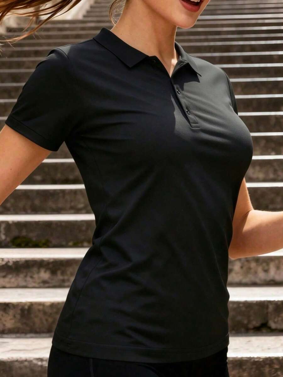 女款黑色夏季新款純色短袖 Polo T恤，極簡商務休閒基礎百搭日常休閒通勤辦公高爾夫網球運動健身校園度假約會返校休閒上衣