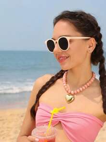 Women's Chunky Heart Necklace, Colorful Resin Beads Choker Necklace, Gold Fluffy Heart Exaggerated Necklace, Acrylic Choker Jewelry - Pink - View 2
