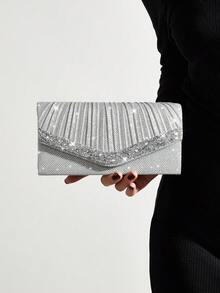 REMANLAND Mini glänzende Ketten-Clutch mit Falten und quadratischem Design, Strass-Abendtasche, perfekt passend zu Damen-Ballkleid, Ball-Accessoires, Paillettenkleid, elegante Balltasche, geeignet für Hochzeit, Abendparty, Party, Ball, Abend-/Bankett-Anlässe. - Silber - Übersicht 2
