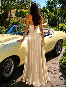 UNITHORSE Halter Flounce Backless Sequin Patchwork Faux Silk Dress - Champagne - View 3