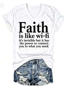 Women Christian Faith Letter Print T-Shirt, Faith Is Like Wi-Fi Graphic Round Neck Short Sleeve 100% Cotton Summer Top, Plus Size All Season - 白色2 - 查看 1