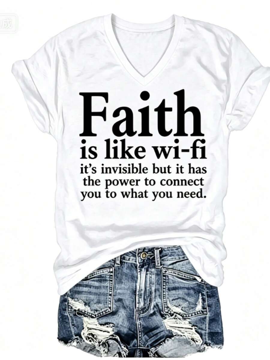 Women Christian Faith Letter Print T-Shirt, Faith Is Like Wi-Fi Graphic Round Neck Short Sleeve 100% Cotton Summer Top, Plus Size All Season - 白色2 - 查看 1