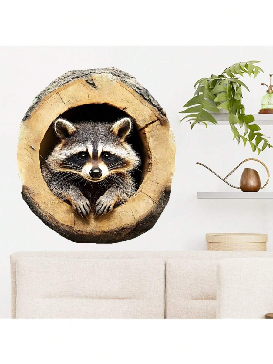 1pc Realistic Tree Hole Wall Sticker, Raccoon Exploring Forest Animal Decal, Fun Self-Adhesive Removable Artwork, Suitable For Living Room Bedroom, Natural Theme Decoration, Removable Wall Sticker, No Residue, Charming Forest Scene, Raccoon Playing In Tree Hole, Easy To Peel And Stick, Self-Adhesive Decoration, Suitable For Living Room Bedroom, Natural Theme Wall Sticker - Raccoon Cave Exploration - View 1