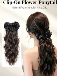 1pc Large Wavy Ponytail Pear Blossom Claw Clip, Realistic Natural Invisible Black Hair Extension, Fashionable Banana Clip With Floral Design, Premium Style For Women - Multicolor - View 1