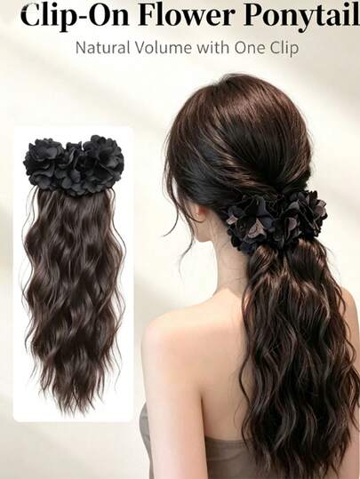 1pc Large Wavy Ponytail Pear Blossom Claw Clip, Realistic Natural Invisible Black Hair Extension, Fashionable Banana Clip With Floral Design, Premium Style For Women
