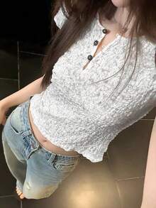 女款時尚紋理夏季青春短袖短版上衣 - 石墨白 - 查看 2
