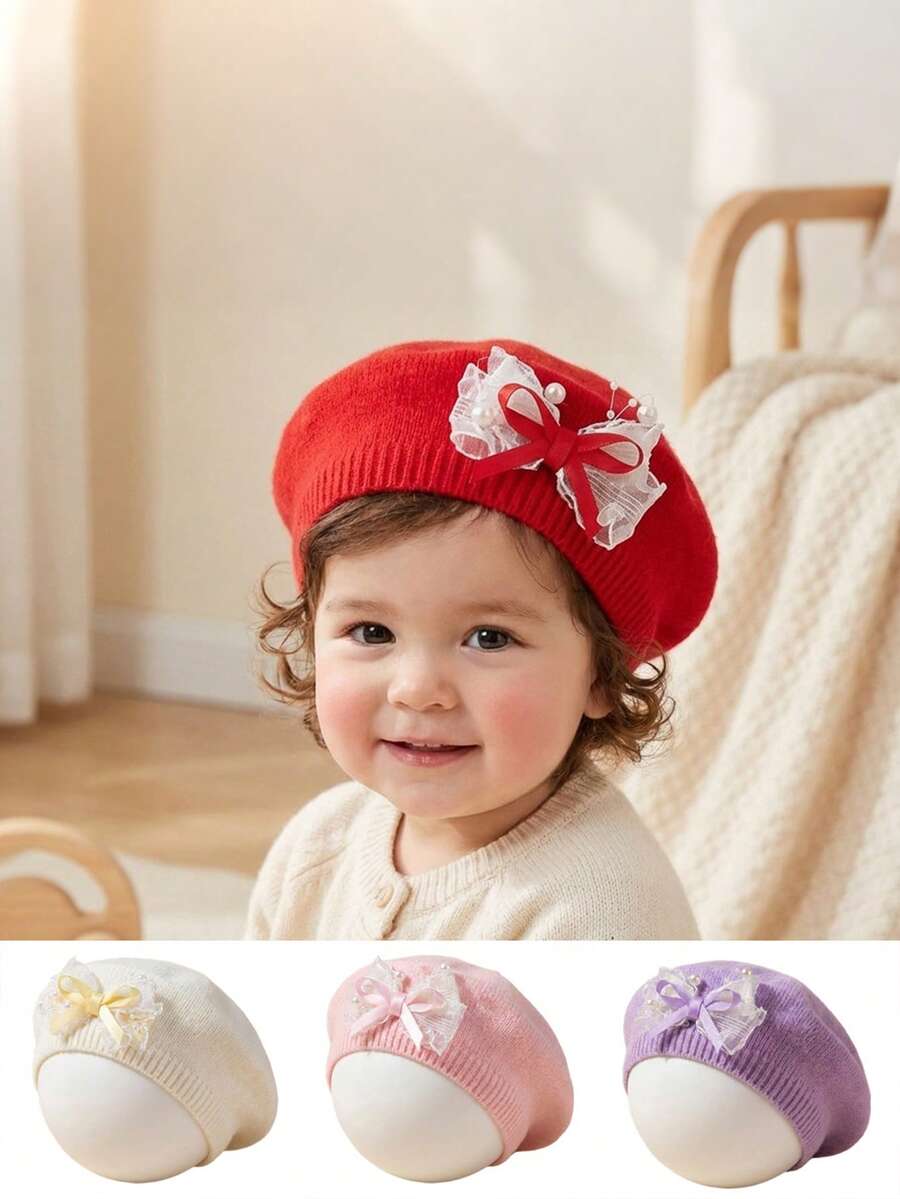 Nueva boina de punto estilo europeo para niños, sombrero de princesa con lazo, adecuado para niñas bebés, sombrero cálido para primavera y otoño - Multicolor - Ver 1
