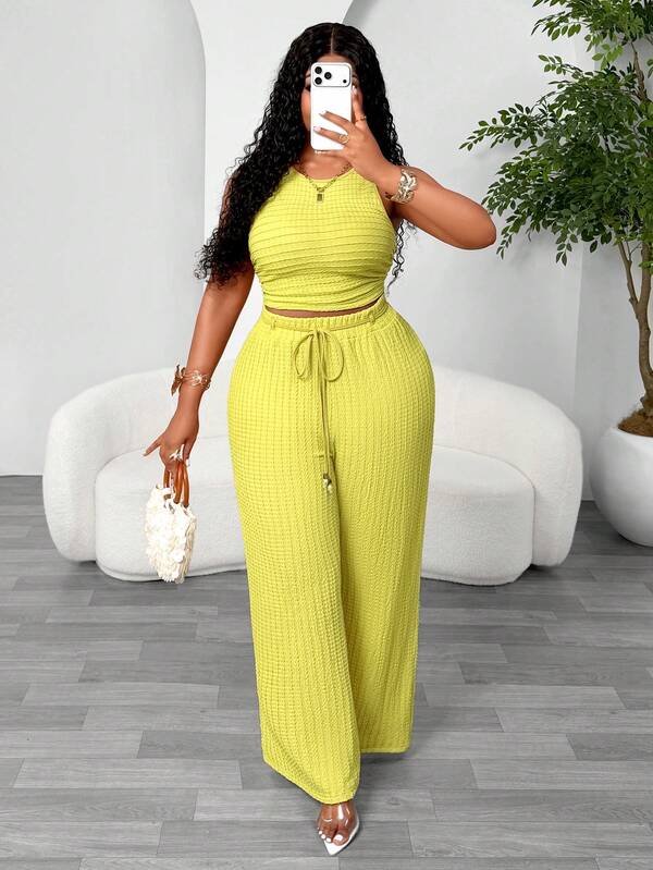 Women's Casual Green Plus Size 2-Piece Set, Round Neck Sleeveless Top With Belted Pants, Suitable For Daily Wear Elegant