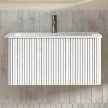 80cm Wide Washbasin With Vanity Unit For Modern Bathrooms, Mineral Cast Washbasin, Grooved Design, 80cm Wall-Mounted Bathroom Unit, Oak Color, Pre-Assembled - White - View 2