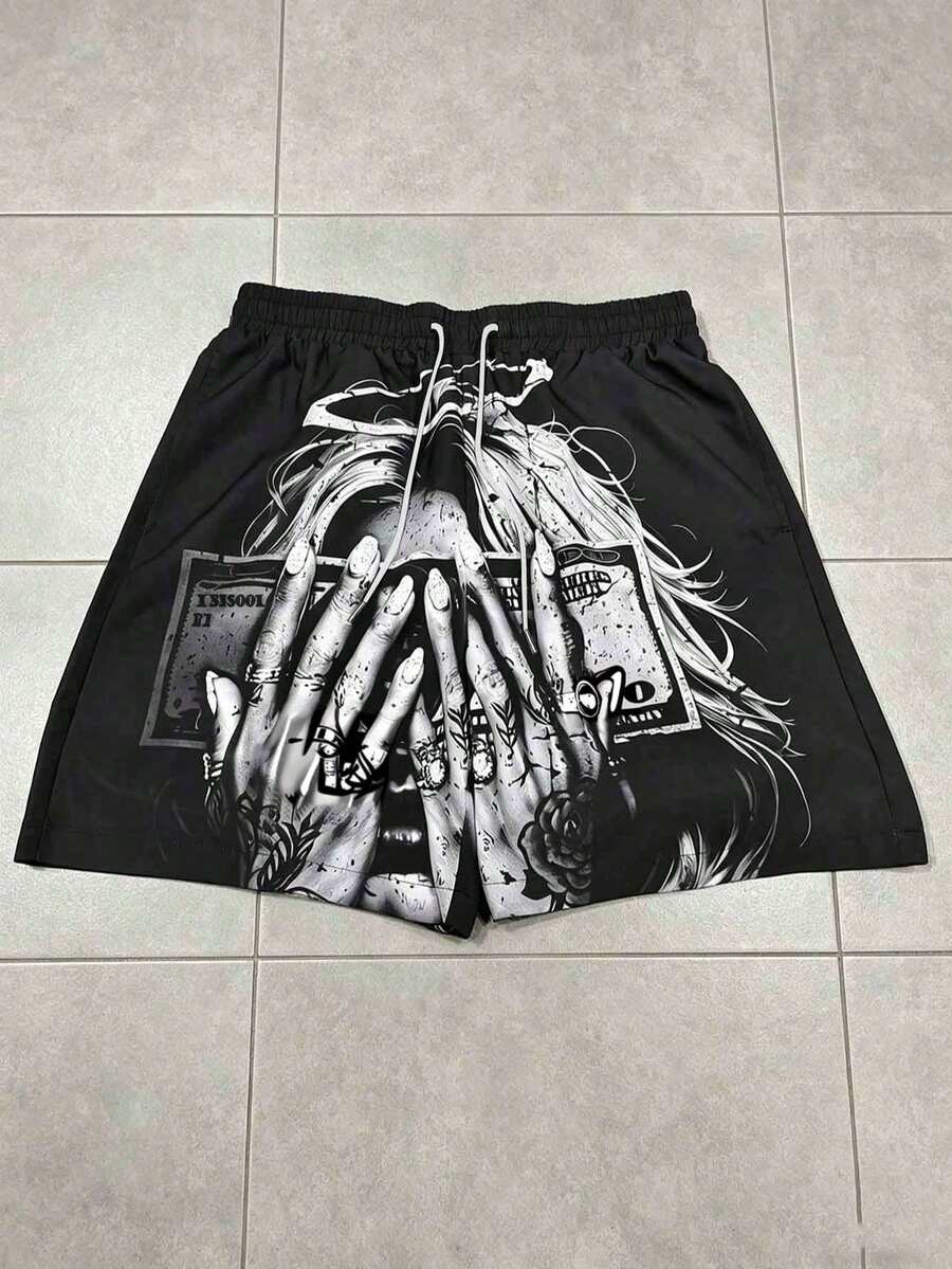 Men's Plus Size Fashion American Casual Drawstring Pocket Shorts, Summer Daily Versatile Beach Shorts - Black - View 1