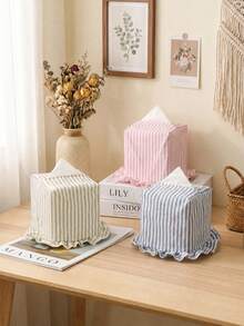 1PC Striped Ruffle Fabric Tissue Box Cover, Washable And Reusable Tissue Holder, Frilly Trim Napkin Dispenser Bag, Dustproof Storage For Bedroom Bathroom Car Desk And Cottagecore Home Decor - Multicolor - View 3