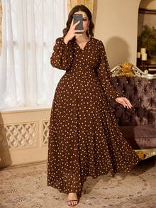 Women's Vintage Brown Polka Dot Dress, Overlap Collar, Bishop Sleeves, Flared Hem, Elegant Plus Size Soft Dress Vacation Summer - Coffee Brown - View 8