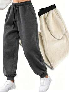Pantalones de chándal con forro térmico para mujer, aptos para uso casual en otoño/invierno, cálidos y cómodos para deportes en clima frío - Gris Oscuro - Ver 5