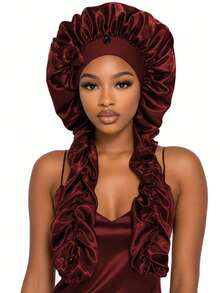Bow Decor Long Pleated Tail Satin Sleep Cap, Adjustable Button Silk Hair Bonnet, Suitable For Curly And Braided Hair, Anti-Frizz Hair Protection Sleep Cap - Multicolor - View 1