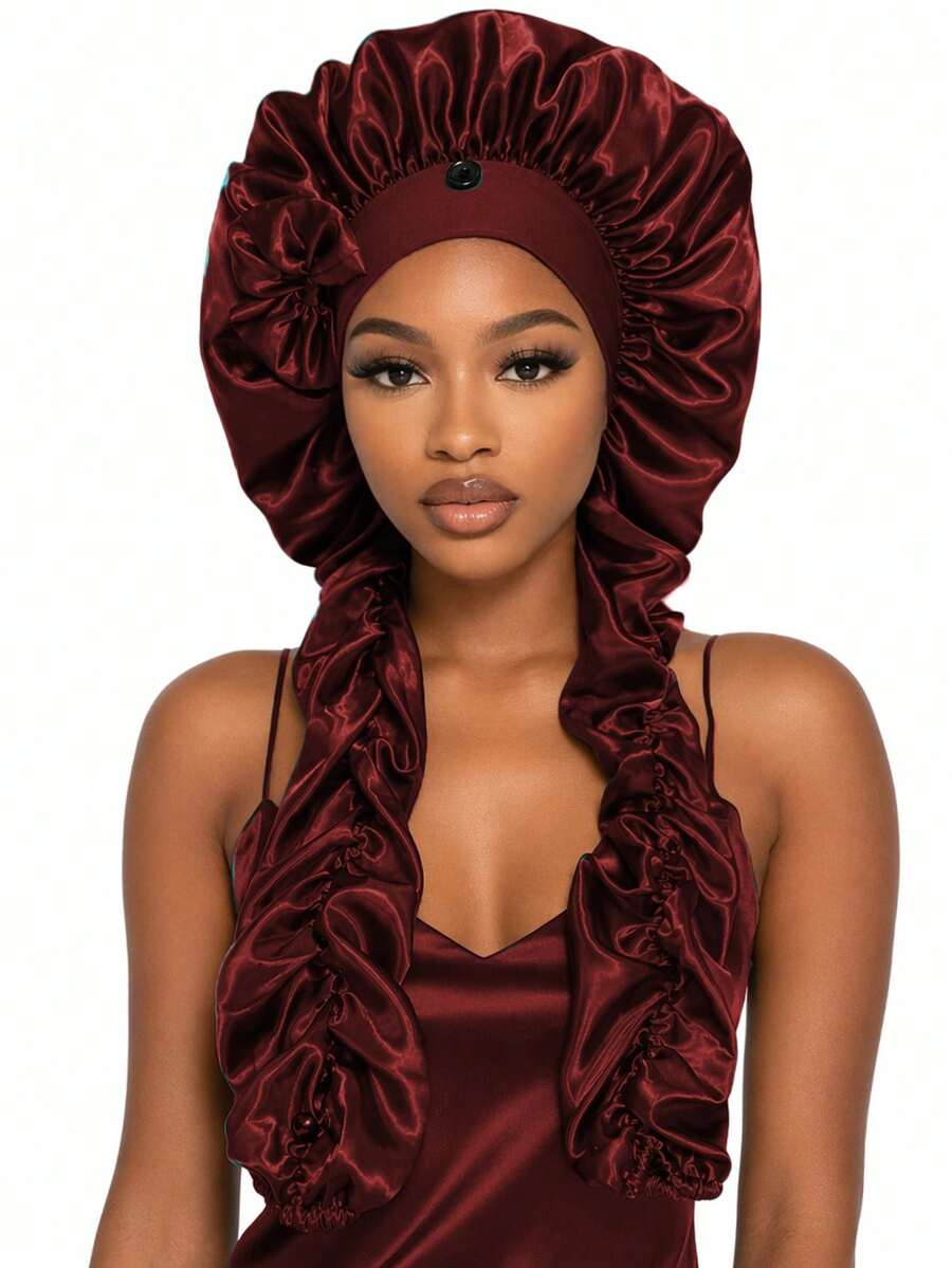 Bow Decor Long Pleated Tail Satin Sleep Cap, Adjustable Button Silk Hair Bonnet, Suitable For Curly And Braided Hair, Anti-Frizz Hair Protection Sleep Cap - Multicolor - View 1