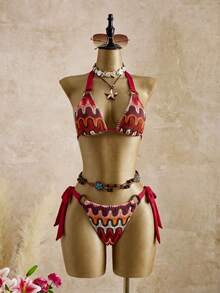 Women's Spring Summer Autumn Beach Vacation Casual Elegant Seaside Hot Spring New Water Ripple Bohemian Sexy Elegant Backless Lace-Up Back Drawstring Jacquard Ring Textured High-End Swimsuit Set - Red - View 1