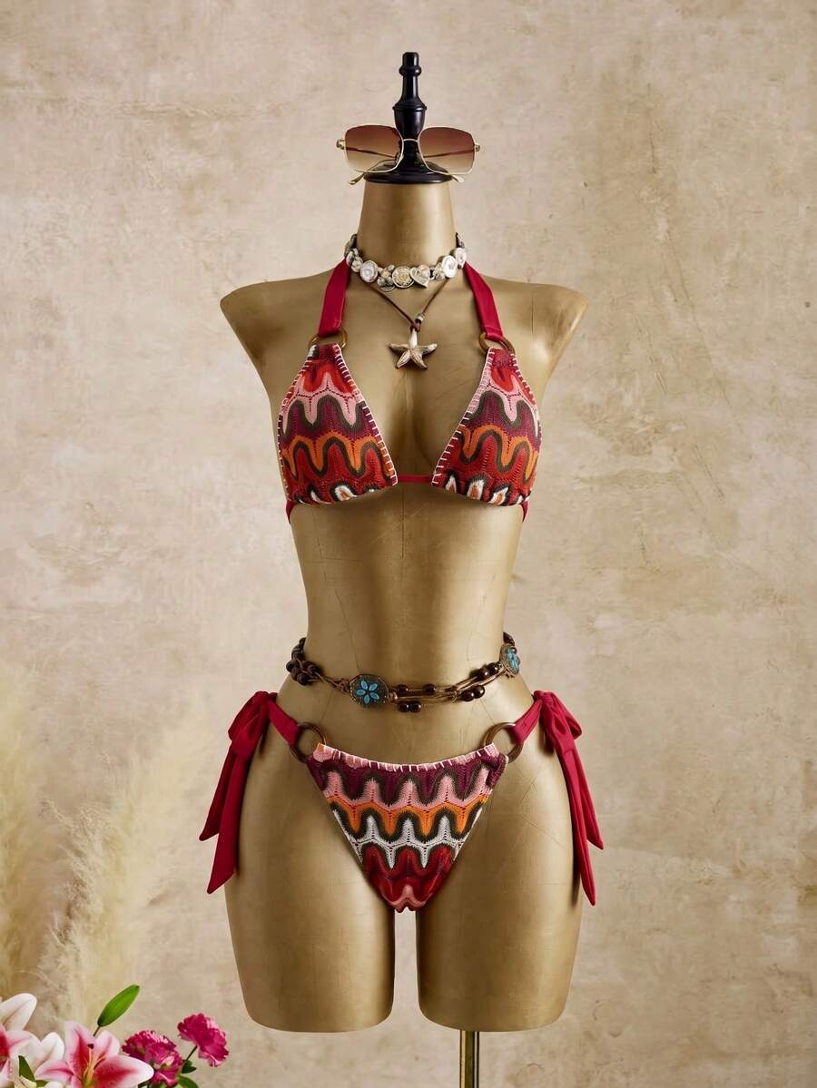 Women's Spring Summer Autumn Beach Vacation Casual Elegant Seaside Hot Spring New Water Ripple Bohemian Sexy Elegant Backless Lace-Up Back Drawstring Jacquard Ring Textured High-End Swimsuit Set - Red - View 1