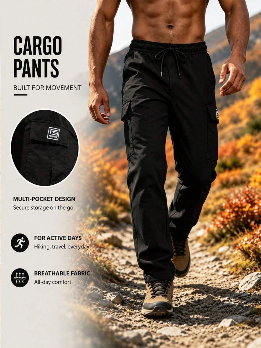 Men's Summer Lightweight Drawstring Waist Letter Detail Casual Straight Leg Outdoor Pants, Machine Washable Comfortable Fabric, Fashionable Style Comfortable Fit, Essential For Outdoor Hiking And Travel, Back To School Season Essential - Black - View 1