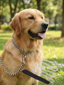 1pc Pet Leash, Metal Chain 1.2-1.8m/47-70in, Soft Black Woven Strap Foam Handle, Strong Anti-Bite Dog Chain, Suitable For Dogs, Cats Pet Chain And Pet Dog Walking Leash - Black - View 8