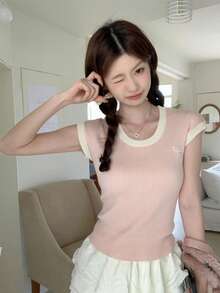 RUIWY Women's Ribbed Knit Crew Neck T-Shirt, Contrast Trim, Pink Preppy Style Short Sleeve Top With Bow Embroidery, Knit Pullover Short Sleeve Shirt, Summer & Autumn - Pink - View 3