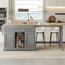 Kitchen Island On Wheels, Extendable Kitchen Island With Dining Area, Spice Rack And Drawers, Freestanding Mobile Kitchen Island, Ideal For Kitchen And Dining Room (Grey). - 灰色 - 查看 2